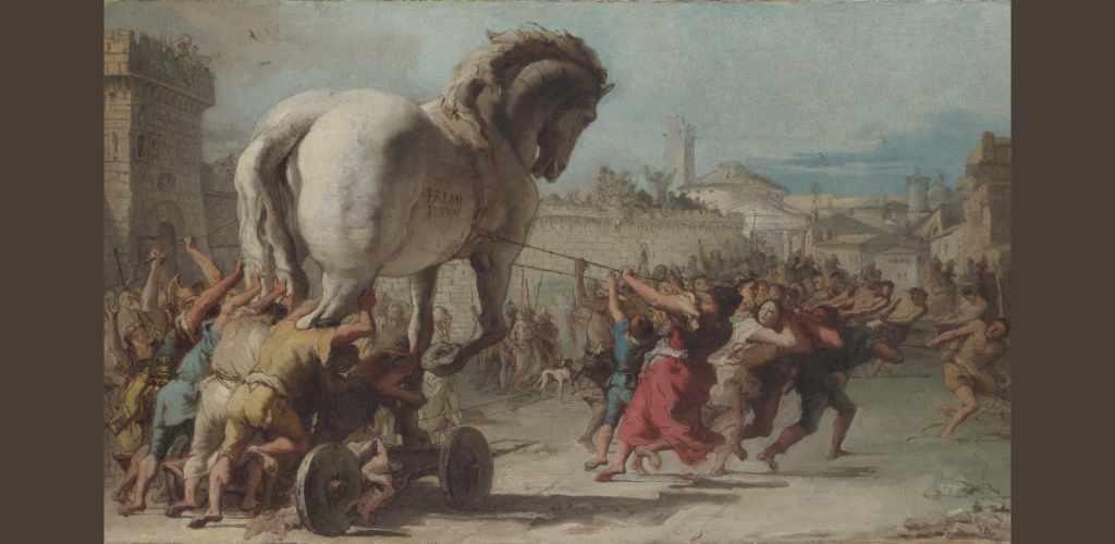 The Procession of the Trojan Horse into Troy, by Giovanni Domenico Tiepolo. An 18th Century painting depicting the citizens of Troy pushing and pulling the horse into their city.
