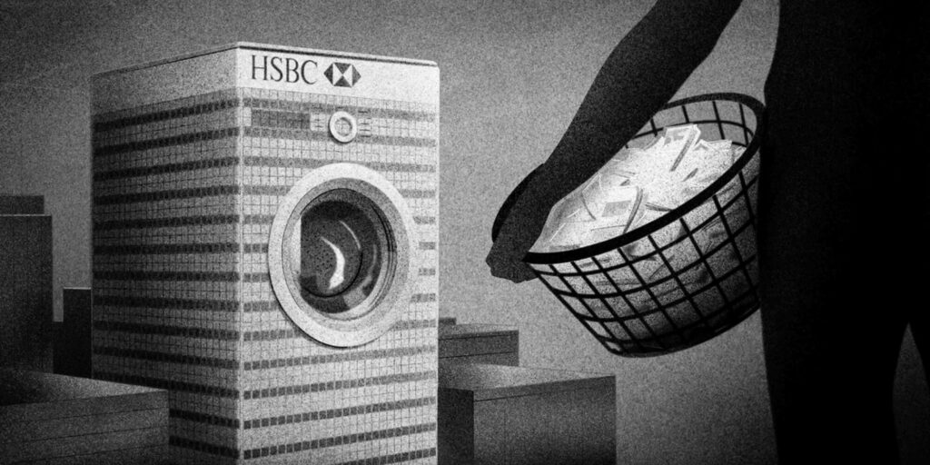 A tall office building with HSBC branding is made to look like a giant washing machine. Hero image of: https://www.thebureauinvestigates.com/stories/2021-07-28/money-laundering-ring-pushed-4.2bn-through-hsbc