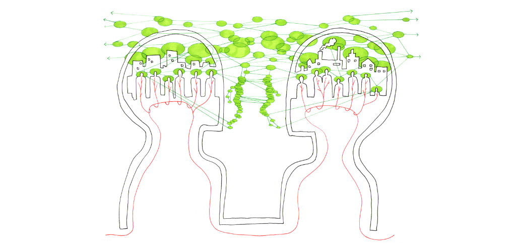 A drawing outlining two people and the information flows without.